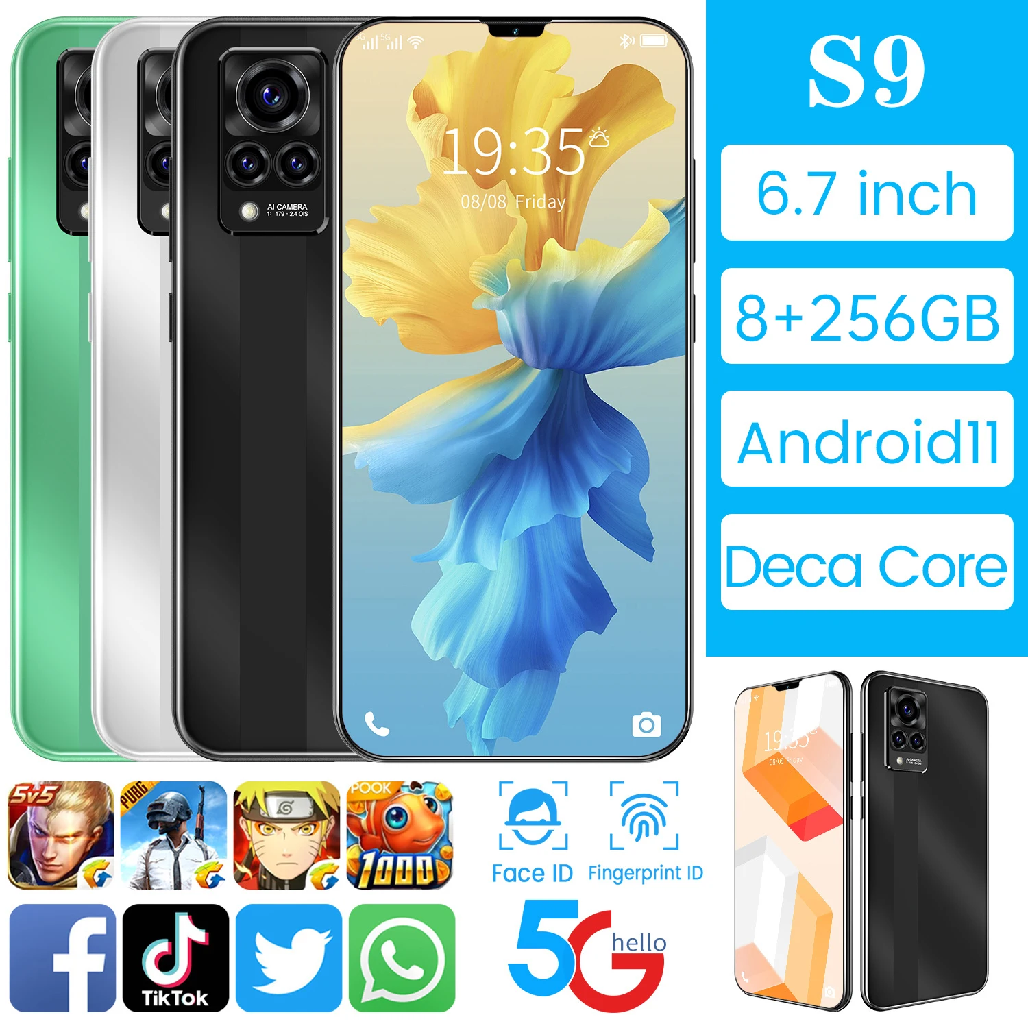 

New Arrival Galay S9 Smartphone MT6889+ 10Core 5G Mobile Phone 8+256G 32MP+64MP 6.7Inch 1200*2640 6000MAH Face ID Android 11