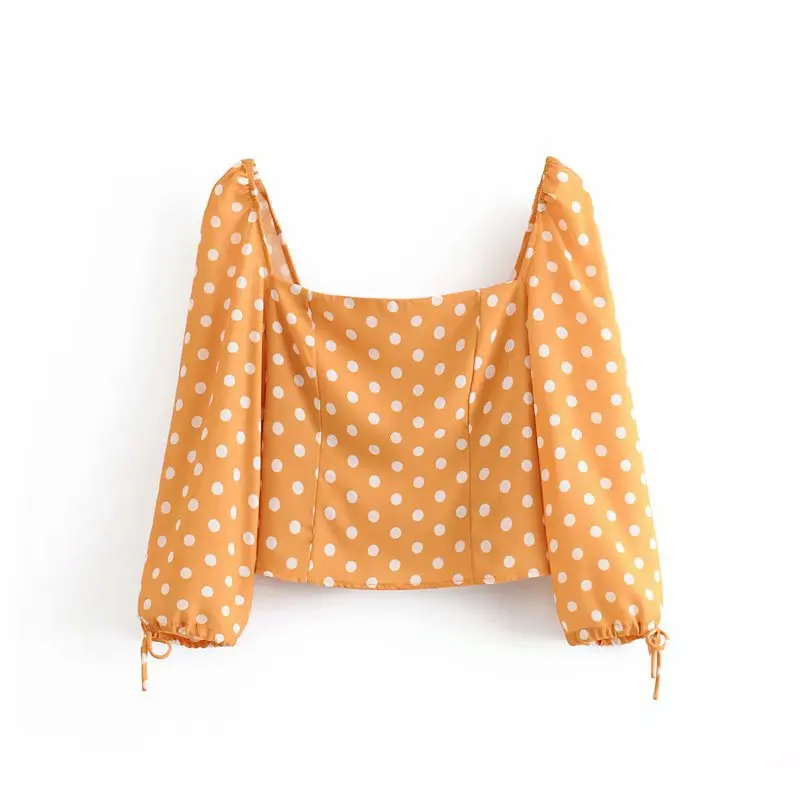 Женский короткий топ в горошек с квадратным вырезом и длинным рукавом Осень-зима