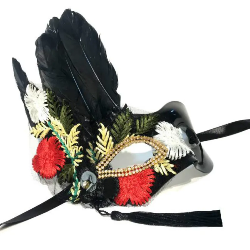 

H3384 маска с черными перьями, маски с вышитыми цветами для Хэллоуина, Рождества, вечеринки, влюбленных, маски для женщин и мужчин, аксессуары д...