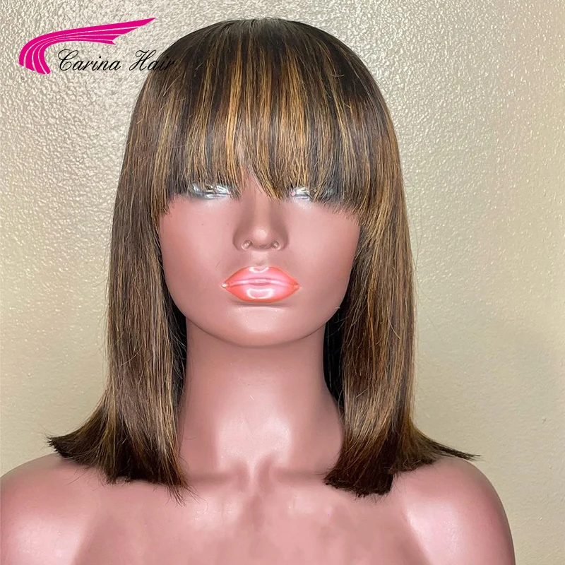 Highlight Blonde Color Brazilian Straight Bob Wig with Bangs Remy Human Hair Wigs For Women Glueless Machine Made Wigs for Women enlarge