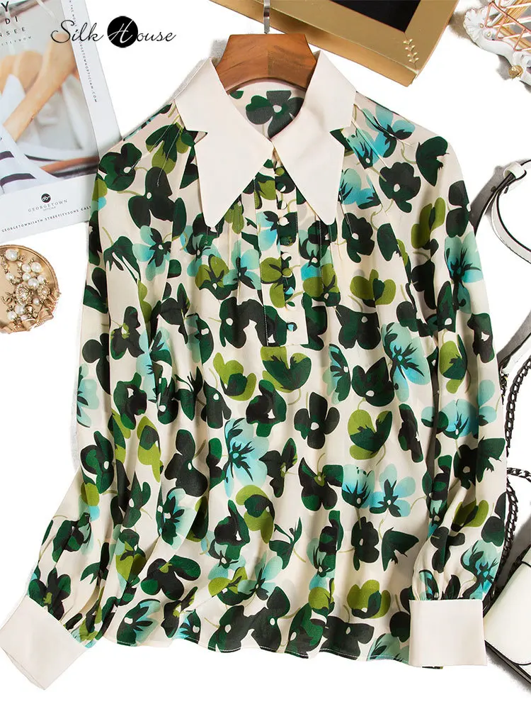 

Spring and Autumn Women's Fashion Clothes New Baiguo Green Leaf Printed Mulberry Silk Long Sleeve Square Neck Shirt