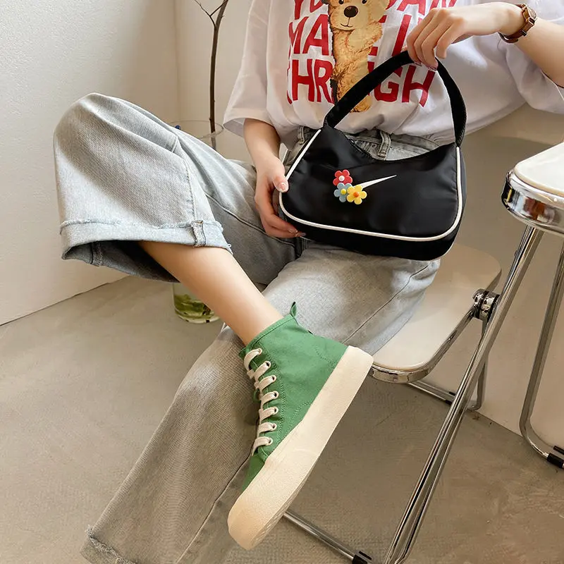 

Woman High Top Canvas Shoes Retro Girls Checkered Colorful Students Autumn Chic Sneakers Casual Fashion Shoes