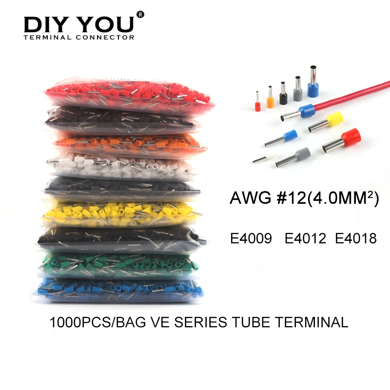 

1000pcs E4009 E4012 E4018 tube insulating Ferrules Terminal Block Cord End terminal cable wire crimp connector For 12 AWG 4.0mm2