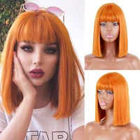 short straight orange wig with bangs synthetic fiber wig african american white female cosplaypartydaily wig