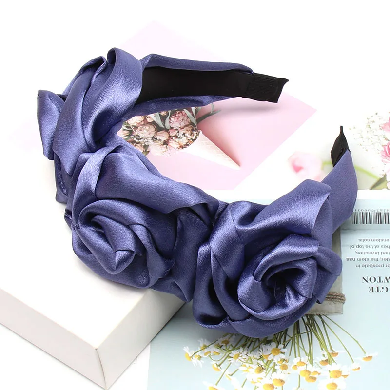Bule (Satin) Однотонный Шифоновый Цветок Розы ободки для женщин девушек элегантные повязки для волос невесты женские аксессуары для волос вечерние праздничные волосы обруч - Цвет: Bule (Satin)