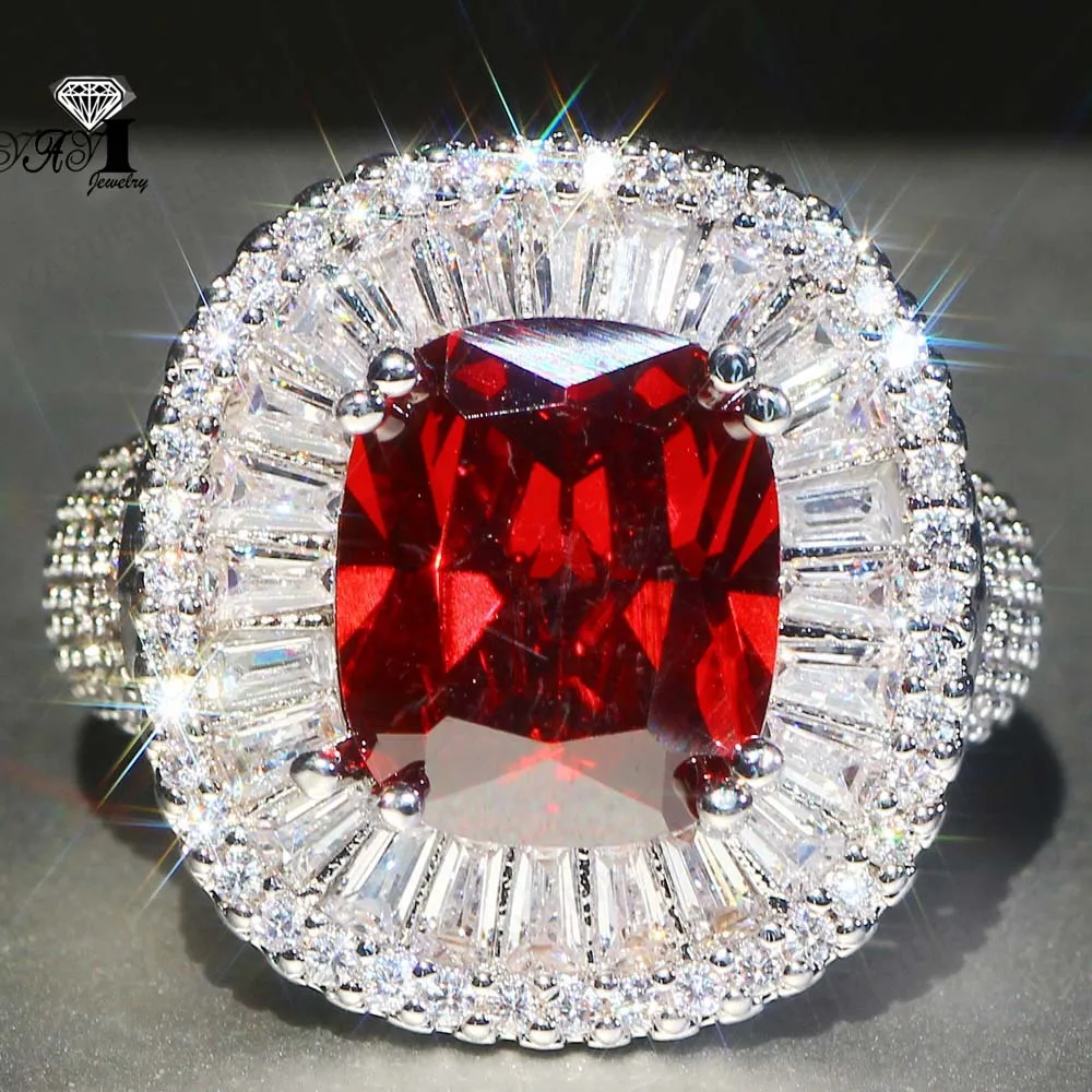 

Fashion Jewelry Princess Cut Prong Setting Red Garnet Cubic Zirconia Silver Color Engagement Wedding Party Leaves Gift Rings