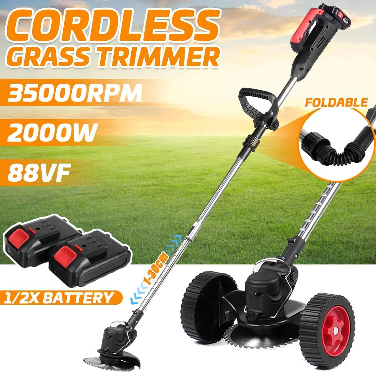 

35000RPM Lawn Mower Super Power Electric Grass Trimmer Collapsible Cordless Garden Weeder Grass Pruning Tools Suit With 2Battery