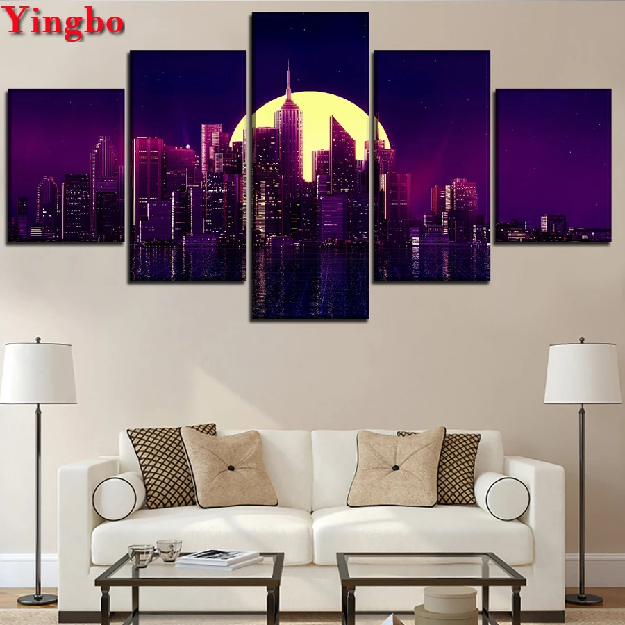 

5pcs/set DIY Diamond Painting Cross Stitch Kit Diamond full set Embroidery City Building Moon Night Landscape Diamond Mosaic