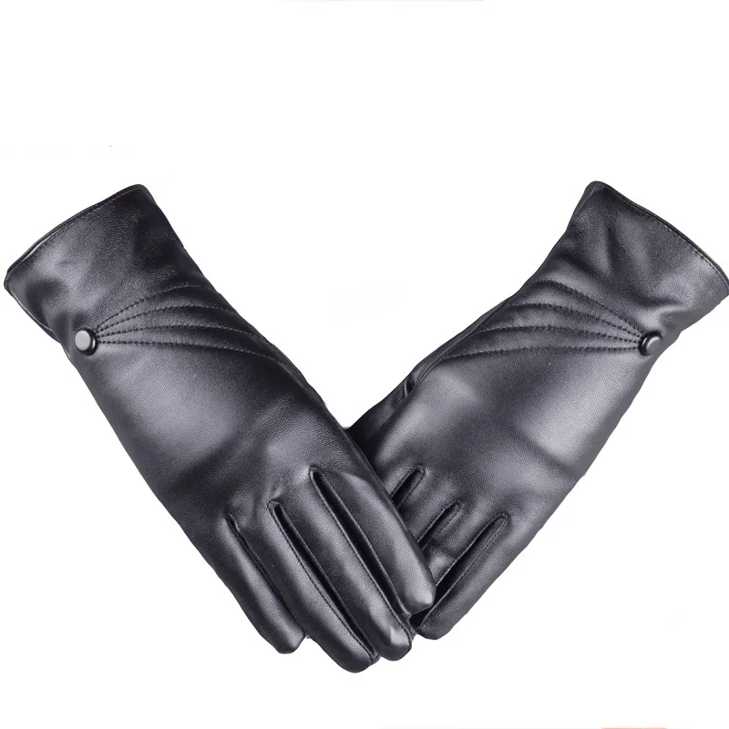 

2021NEW Winter Women PU Leather Plus Plush Thick Touch Screen Warm Mittens Full Fingers Windproof Waterproof Sports Cycling