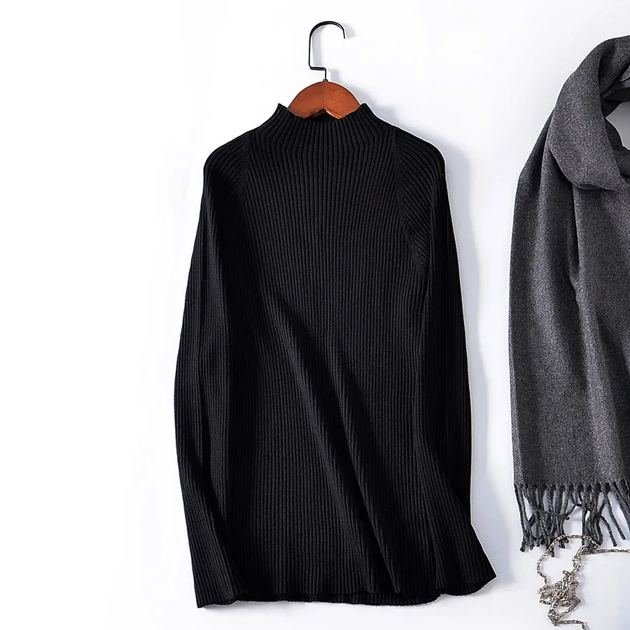 Базовый вязаный шерстяной свитер женский черный корейский джемпер с длинным