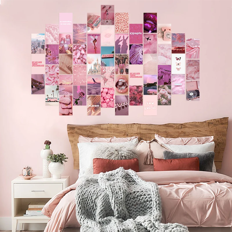 Cuadro estético rosa de 50 piezas para decoración del hogar, Kit de impresión de Collage de pared, carteles de colores cálidos para niñas, impresiones artísticas para habitación, dormitorio