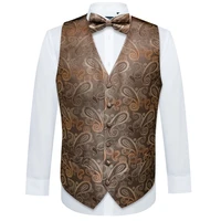 designer men silk waistcoat vest classic brown paisley suit vest jacquard folral handkerchief bowtie handkerchief set barry wang