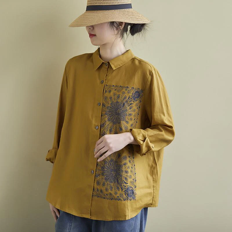 

Spring New Arts Style Women Long Sleeve Turn-down Collar Casual Shirts Cotton Linen Print Vintage Loose Blouses Plus Size S296
