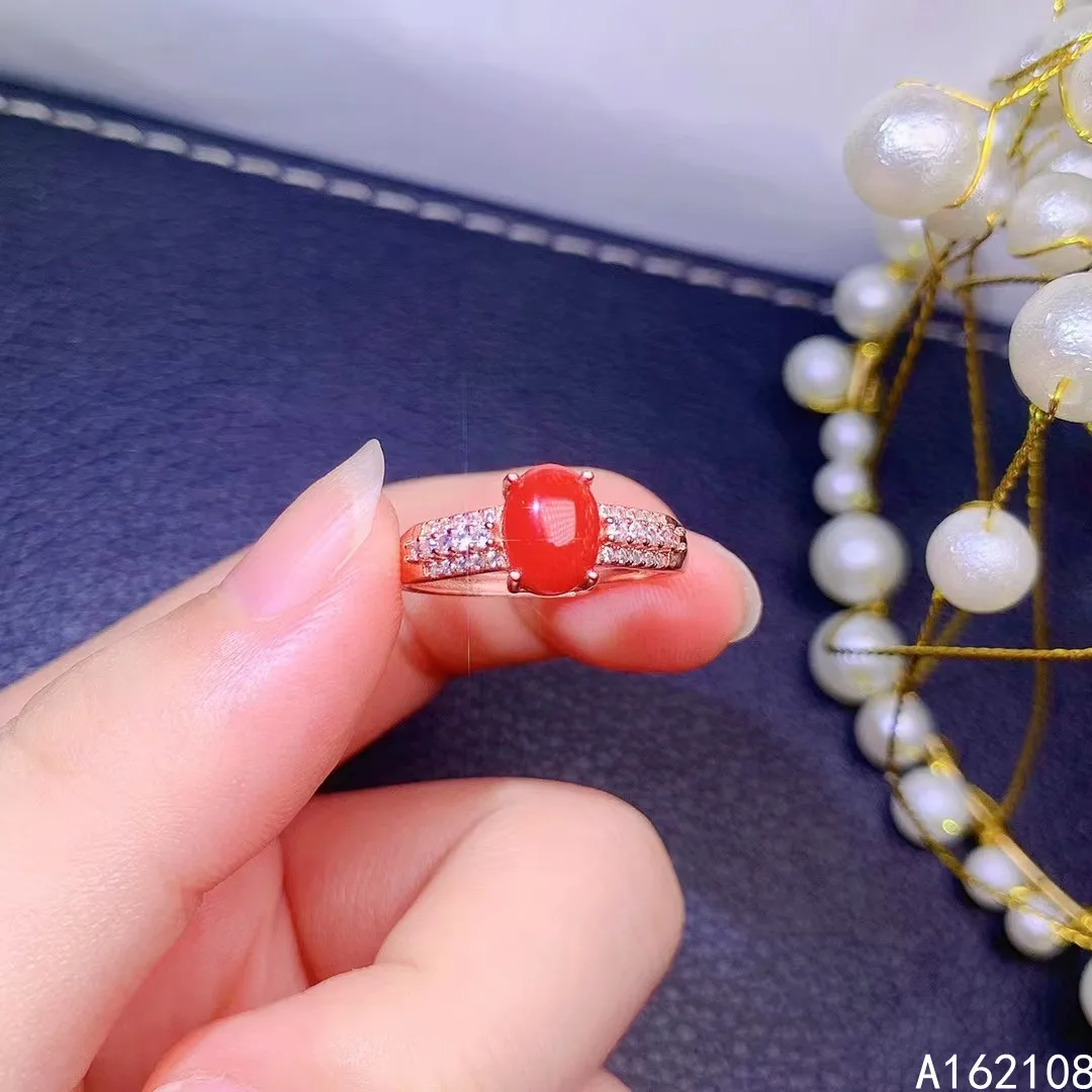Exquisite Jewelry 925 Sterling Silver Inset With Natural Gem Women's Luxury Vintage Oval Red Coral Adjustable Ring Support Detec