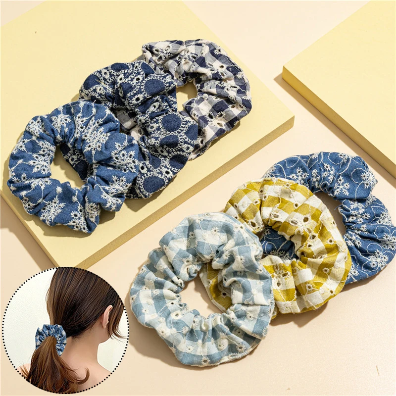 

INS Korea Vintage Plaid Print Headband For Women Elastic Hair Bands Cute Denim Rubber Band Scrunchies Hair Accessories for Girls