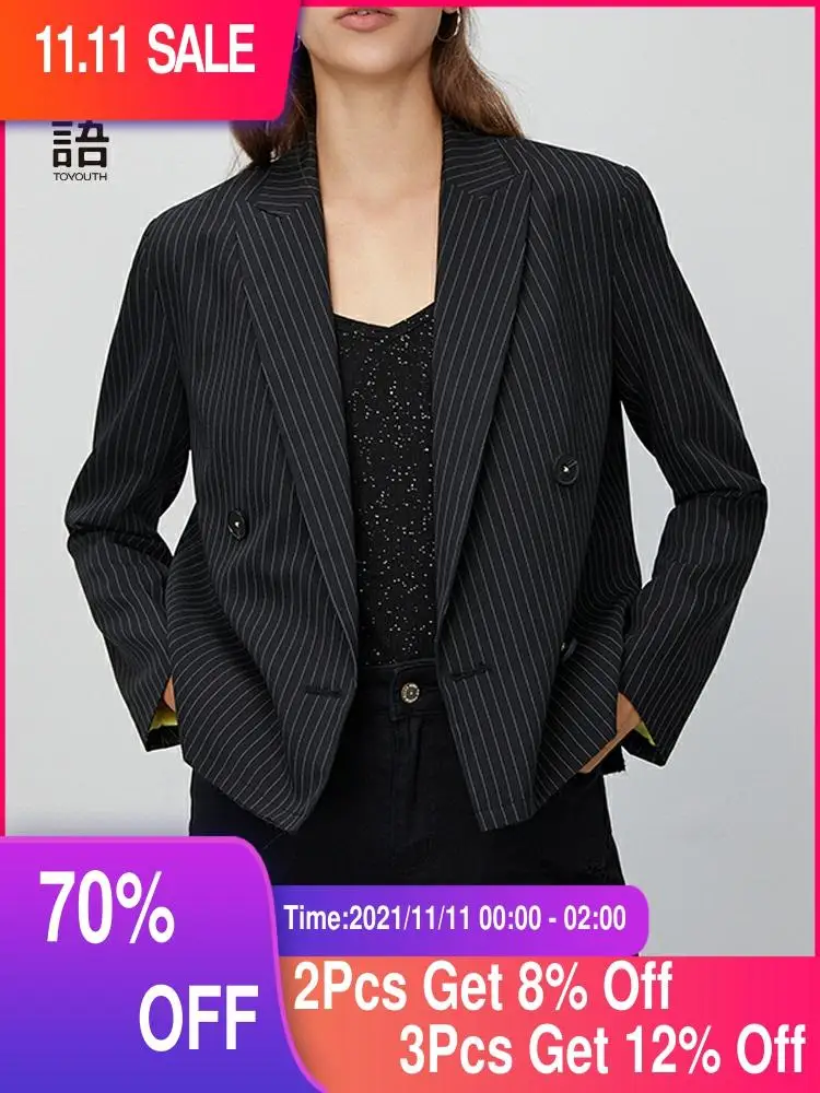 

Toyouth Spring Work Wear Office Lady Short Casual Black and White Pinstripe Suit Blazer Women Elegant Blazer Outerwear