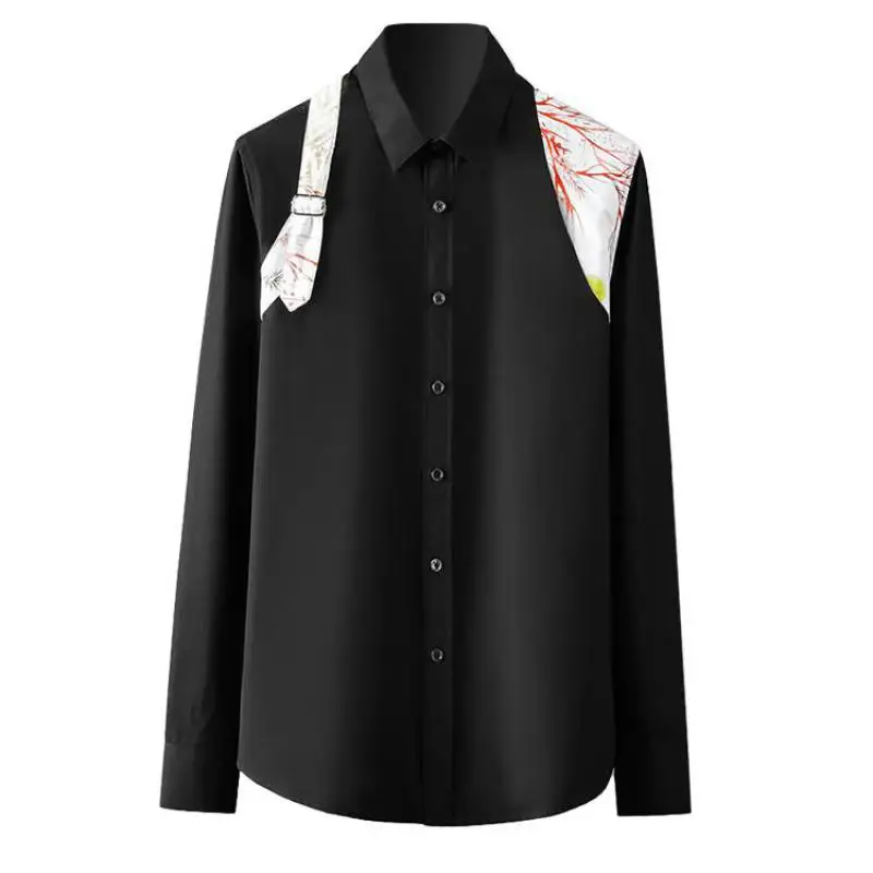 

Cotton Mens Shirts High Quality Long Sleeve Shoulder Belt Splicing Casual Male Shirts Slim Fit Mens Dress Shirts 4xl