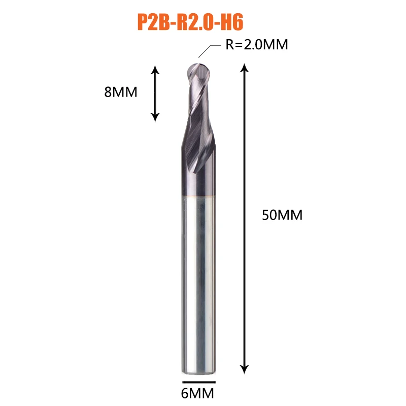 1PC-P2B-R2.0-H6 1 шт. торцевая фреза с шариковым концом 2 флейты R0.5-R6.0 фрезерный станок с ЧПУ для обработки металлических граней и пазов hrc50 концевые фрезы с покрытием - Длина режущей кромки: 1PC-P2B-R2.0-H6