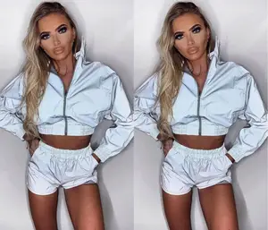 Женское светоотражающее пальто, Клубная одежда, повседневная укороченная однотонная куртка на молнии с длинным рукавом в стиле Харадзюку, уличная одежда в стиле хип-хоп, модная верхняя одежда, укороченный топ