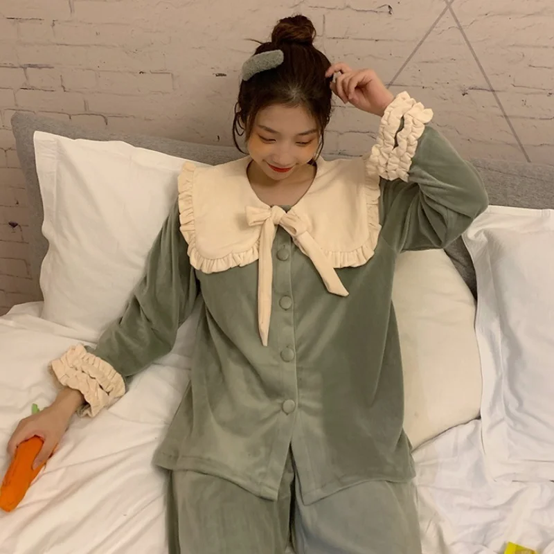 

Harajpee Peter Pan Collar Pajamas Suit Women Spring Autumn Chic Korean Student Age Reduction Fashion Leisure Home Two Piece Set