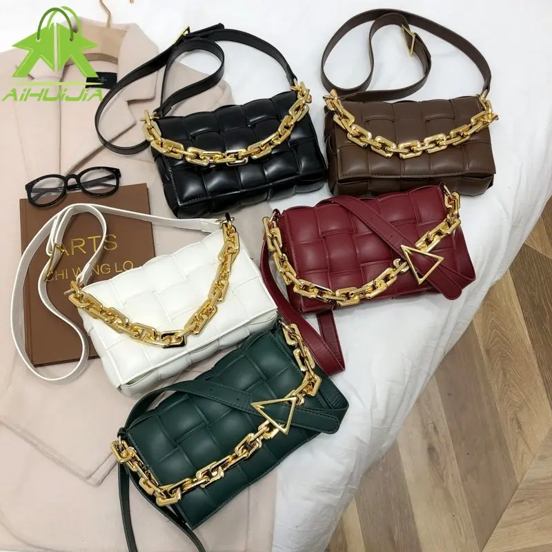 

2021 Metalen Ketting Lederen Handtassen Luxe Vrouwen Tas Designer Vrouwelijke Plaid Schoudertas Lady Weave Flap Tassen