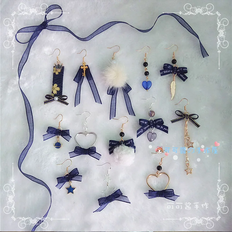 Мягкие серьги Лолиты в японском стиле с сердечком для девочек синими кисточками