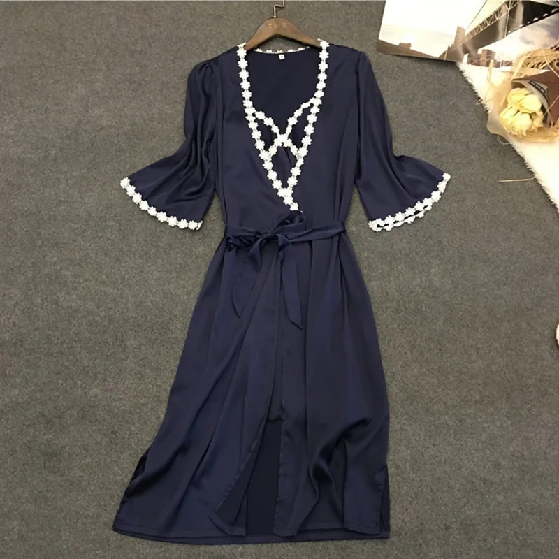 

Satin Female Homewear Kimono Robe Summer New Navy Blue Lace Sexy Sleepwear Bathrobe Gown Intimate Lingerie Casual Nightwear