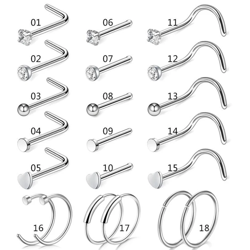 

20G Nose Studs Surgical Steel L-Shape Nostril Studs Screws Nose Ring Hoop Body Piercing Silver Heart Nose Stud