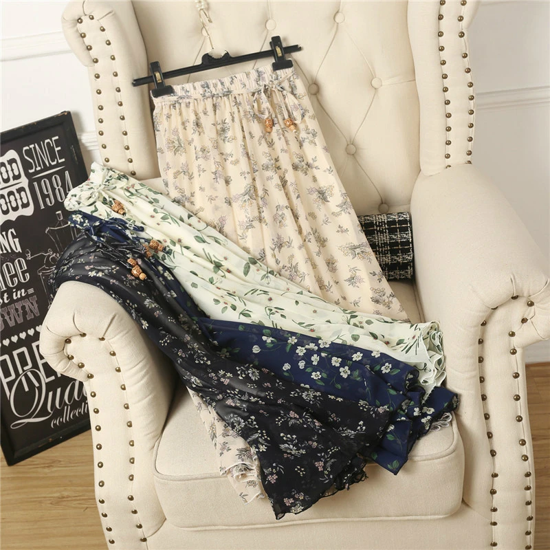 Длинные шифоновые юбки с цветочным принтом летние плиссированные