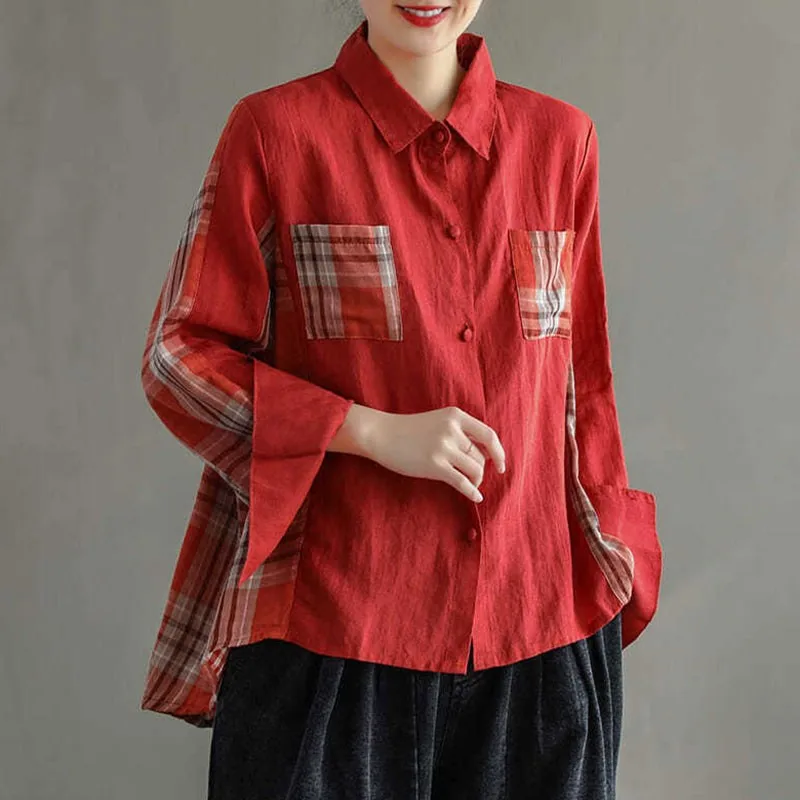

Oversized Women Cotton Linen Casual Shirt New Arrival 2021 Spring Simple Style Vintage Plaid Loose Female Long Sleeve Tops S3640