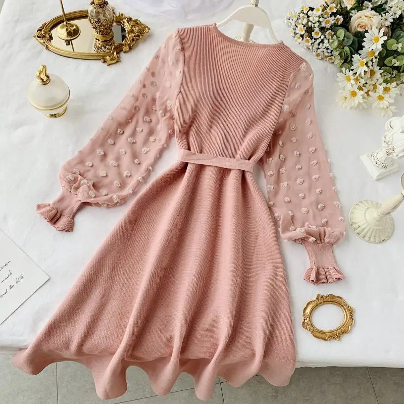

Autumn Winter V-Neck Lantern Sleeve Bandage Lace Up Sashes Bodycon Knitted Dress Lady Elastic Slim Patchwork Chiffon Midi Dress