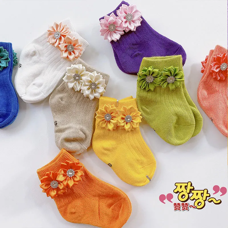 Calcetines con flores para beb&eacute;, oto&ntilde;o e invierno, doble aguja, tira Vertical, de algod&oacute;n, para reci&eacute;n nacidos-3