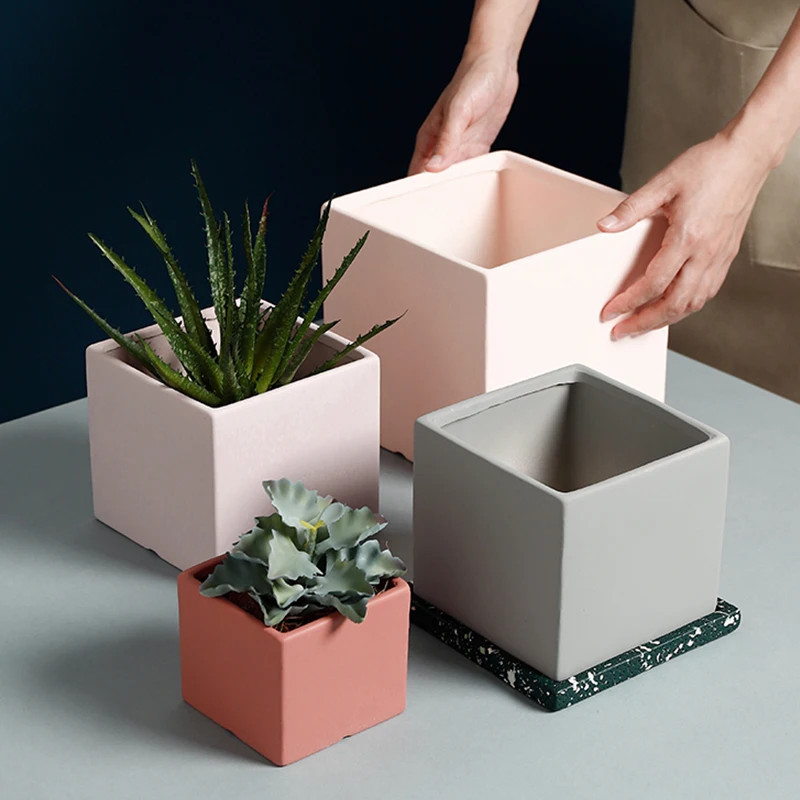 Nordic Industrial Style Colorful Ceramic Flower & Plant Pot Succulent Planter Green Cube Shape Flowerpot With Hole Matching Tray
