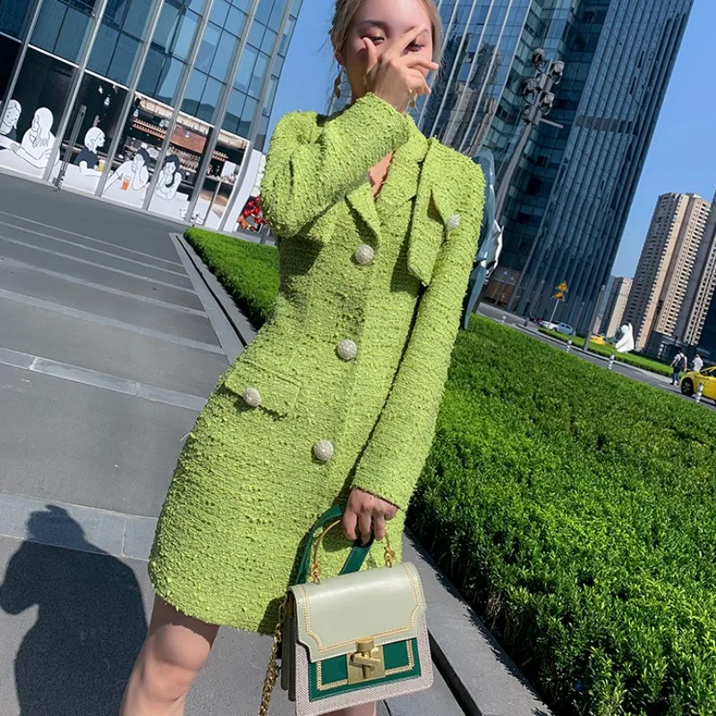 High Quality Women Tweed Two Piece Set Pearls Button Sundress Short Jacket Matching Sets Office Ladies Work Slim Fit Outfits