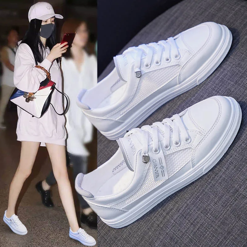 

Summer 2021 NEW Shoes Woman PU Fashion Sneakers Women Mesh Breathable Lace-up Shoes for Women Low Cut Zapatos De Mujer