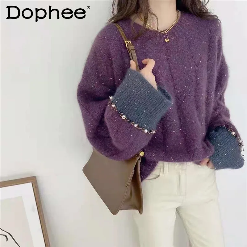 

Пурпурный женский свитер в стиле Харадзюку, Осень-зима 2021, мягкая внутренняя одежда, джемпер, Женский Повседневный свитер с длинным рукавом,...