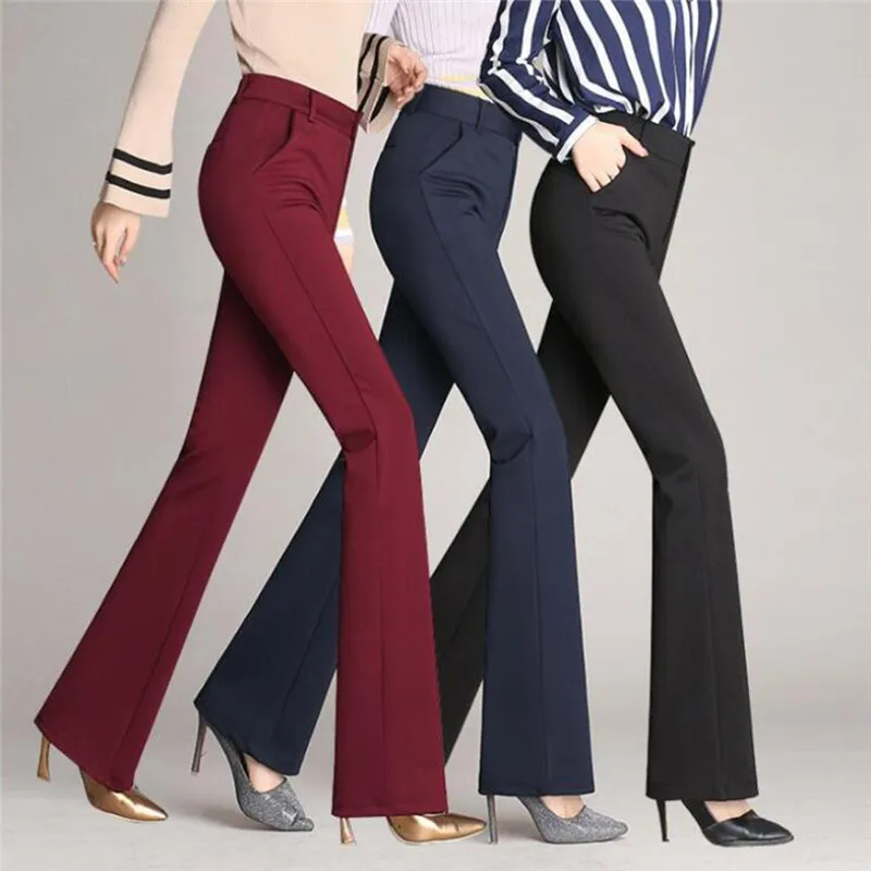 

2022 Hot Women Long Pants Solid Color High Waist Wide Leg Flared OL Trousers Ladies Party Long Pant Sexy Femme Trouser
