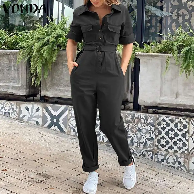 

Loose Long Jumpsuits VONDA Autumn Women Long Sleeve Solid High Waist Harem Pants With Pockets Buttons Party Oversized Playsuits