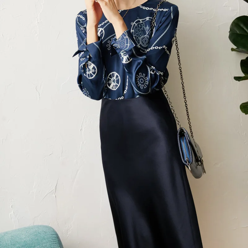 

New Printed silk blouse round neck long sleeve satin shirt women mulberry silk shirt