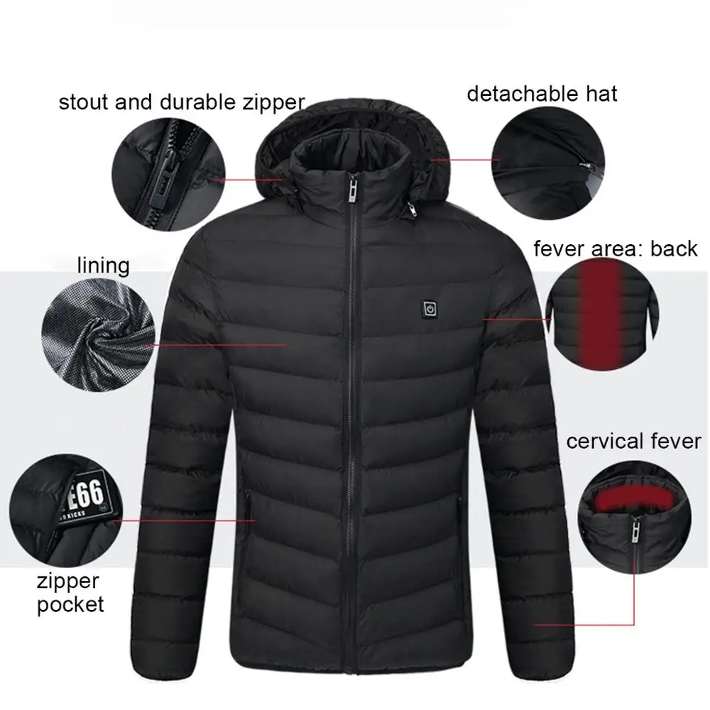 

2021 Men Winter Warm USB Heating Jackets Smart Thermostat Pure Color Hooded Heated Clothing Waterproof Warm Jackets