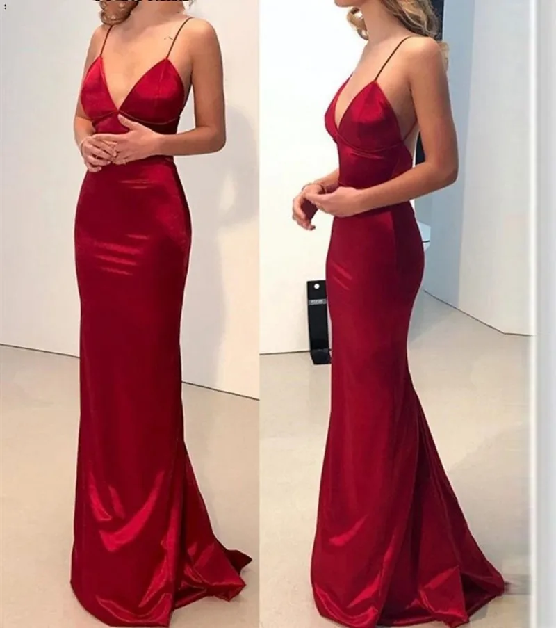 

Sexy Burgundy Backless V-neck Evening Dresses Mermaid 2021 Red Long Prom Party For Women Spaghetti Strap Vestido De Festa
