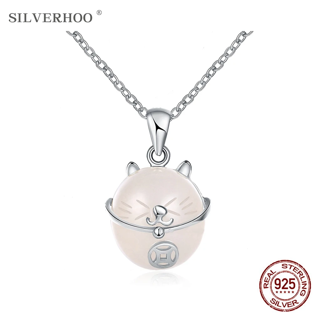 

SILVERHOO 925 Sterling Silver Lucky Cat Necklace Pendant Trendy Opal Choker Necklaces For Women Fine Jewelry Anniversary Gift