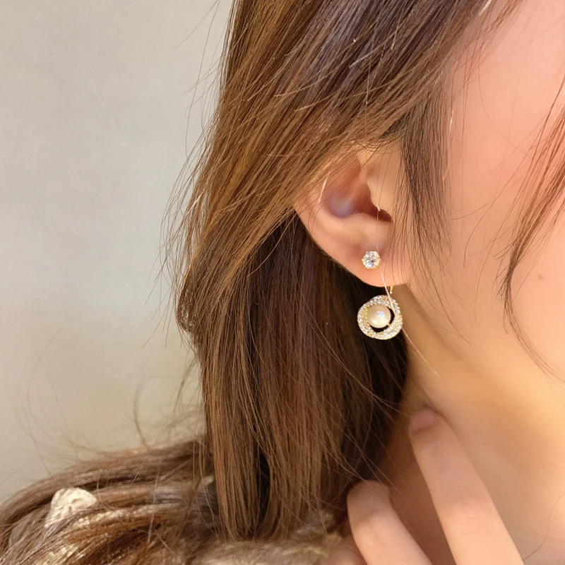 

MENGJIQIAO Korean Design Delicate Twist Zircon Circle Drop Earrings For Women Elegant Pearl After Hanging Pendientes Jewelry