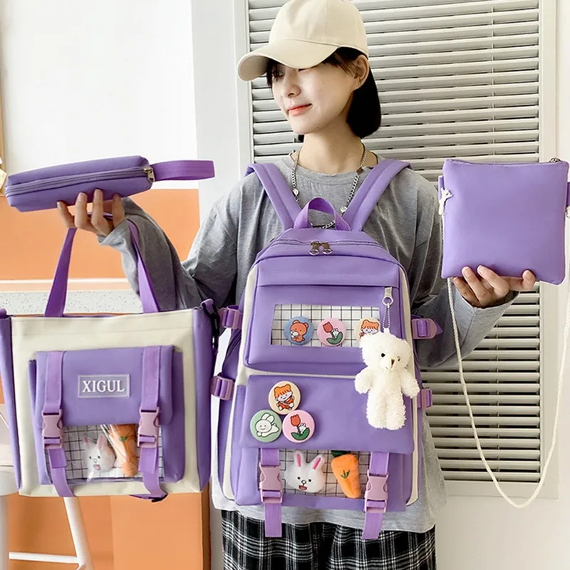 

4pcs Canvas School Bags Set For Girls Backpacks Women Lovely Backpack For Teenage Bookbags Students Travel Shoulder Bags Female
