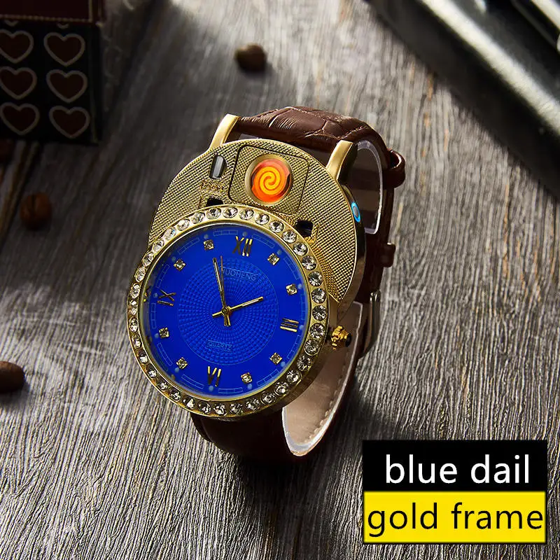 gold blue no box Мужские часы-прикуриватель, кварцевые часы с зарядкой от USB, роскошные часы с бриллиантовым циферблатом, повседневные наручные часы, мужские часы, JH391-1, 1 шт - Цвет: gold blue no box