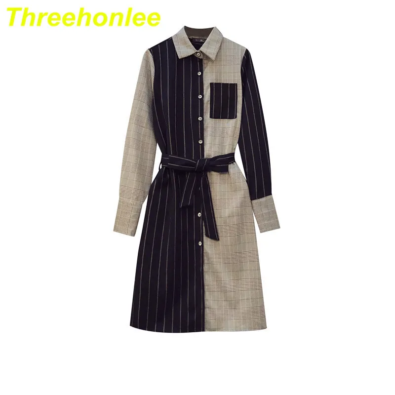 

Threehonlee 2021 Spring Women's Dress Casual Cotton Blend Turn-down Collar Plaid Striped Elegant Office Lady Shirt Dress