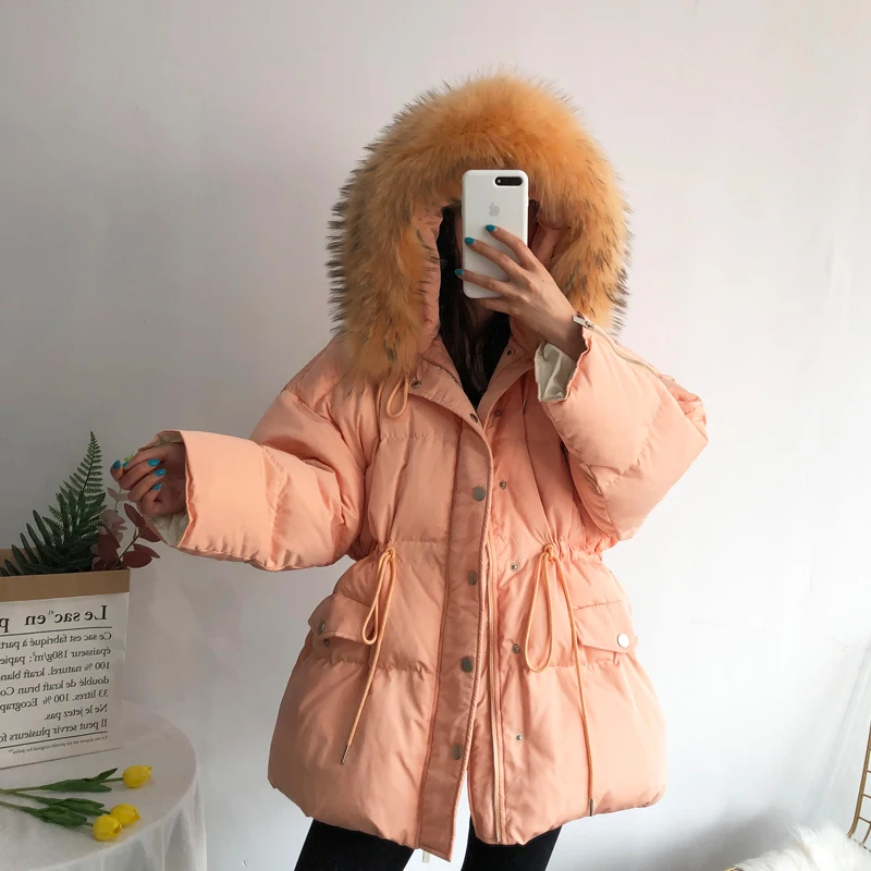 Куртка Janveny женская с большим капюшоном из натурального меха енота пуховик в