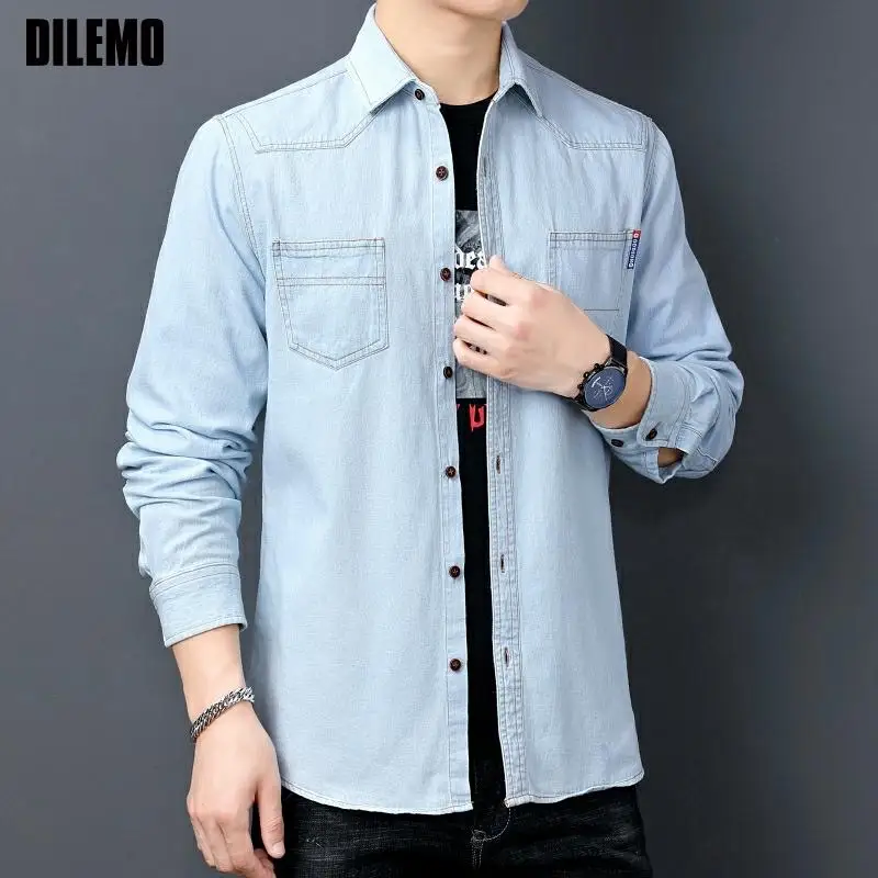 

Top Quality 100% Cotton New Fashion Brand Slim Fit Japanese Denim Shirt For Men Long Sleeve Double Pockets Casual Men's Clothing