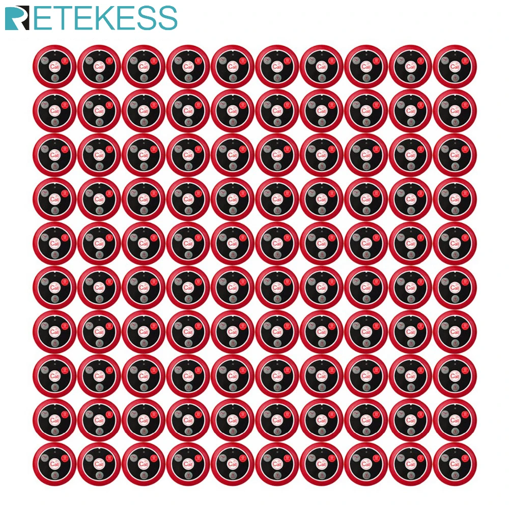 

Набор кнопок вызова Retekess T117, 100 шт., 433 МГц, беспроводная система вызова для ресторана, вызова медсестры, официанта, для кафе и клиники