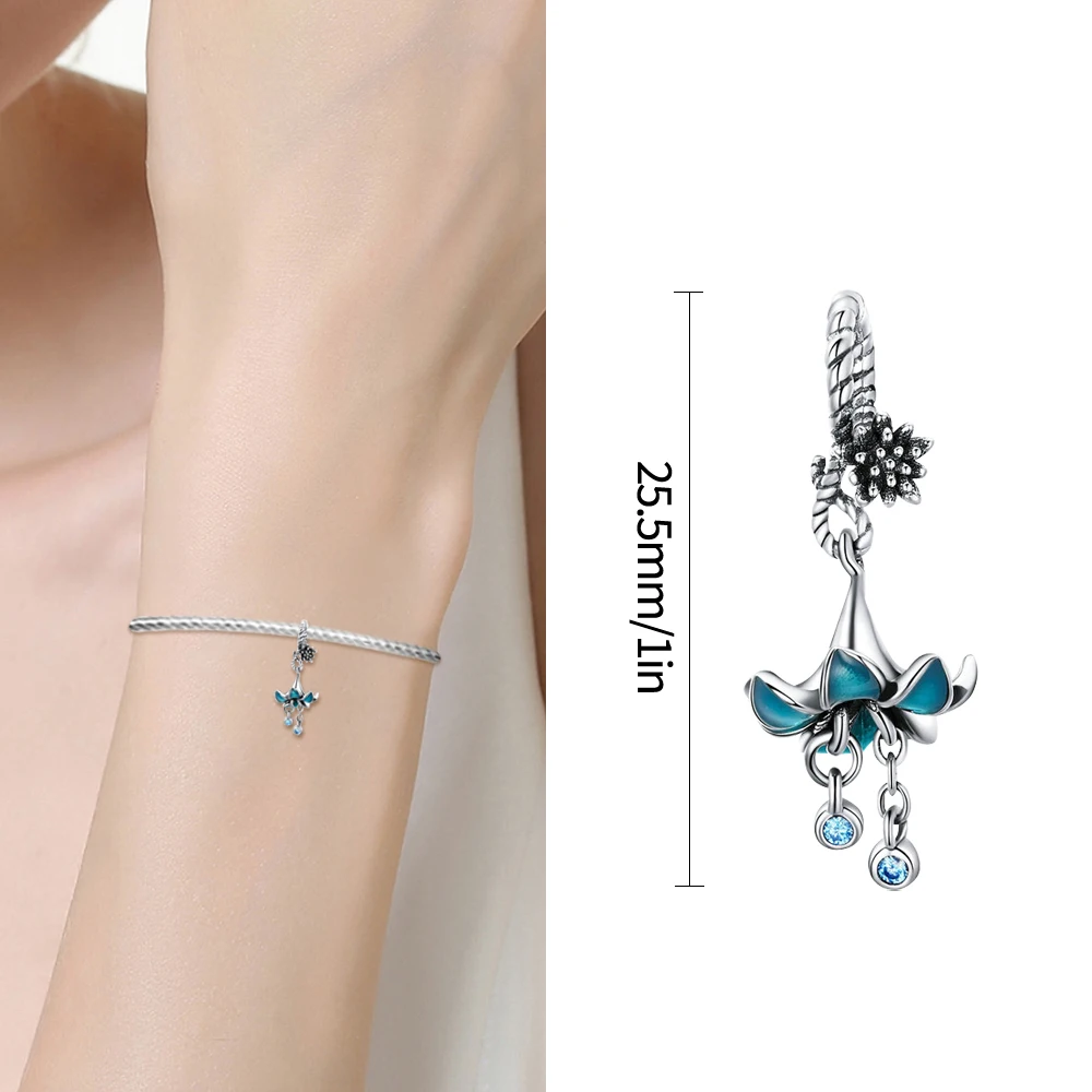 

2021 New Silver Color Fashion Blue Trumpet Flower Charm Suitable Fit Original 3mm Bracelet&Bangle Ladies Jewelry Gift